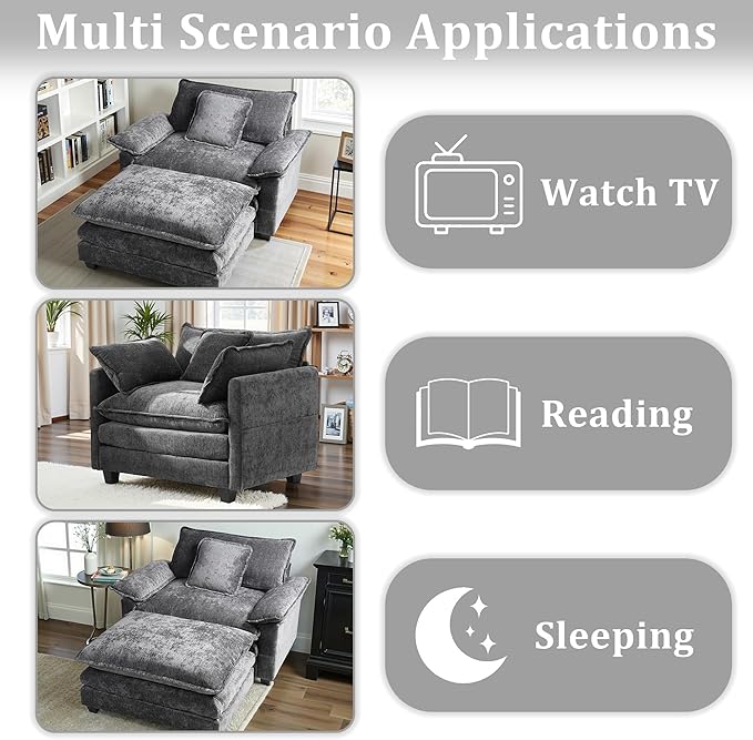 Gexpusm Oversized Accent Chair with OttomanOversized Chaise Lounge Chair Indoor with Deep SeatReading Chair Comfy Chenille Sofa Couch Chair for Living Room Bedroom Modern Lounge Chair (Grey)