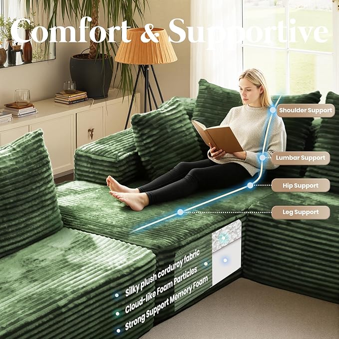135'' Boneless Couches for Living Room Oversized V-Shaped 6-Seat Faux Fur Convertible Modular Sectional Cloud Sofa 4-in-1 Flexible Combination Deep Seat Corner Large Couch No Assembly Green