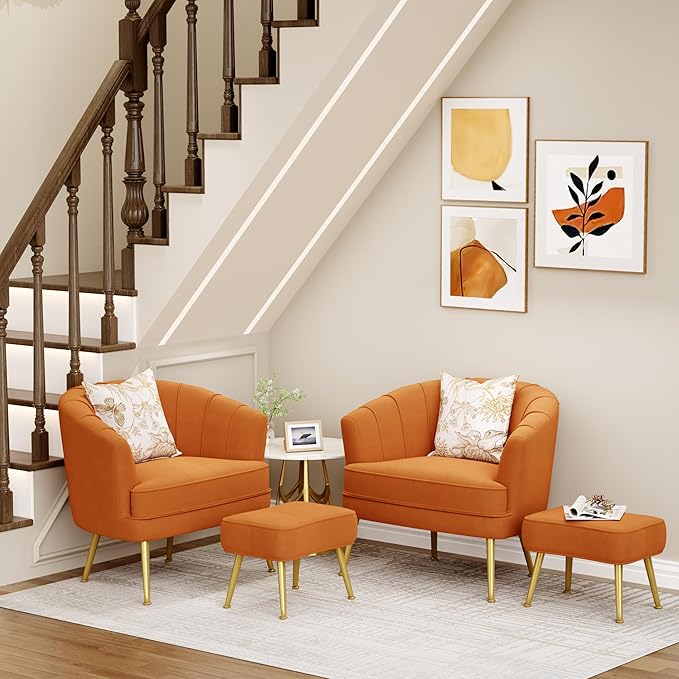 Andeworld Velvet Accent Chair with OttomanUpholstered Modern Single Sofa Side ChairComfy Barrel Club Living Room Armchair with Golden Metal Legs for Bedroom Living Reading Room OfficeCaramel Orange