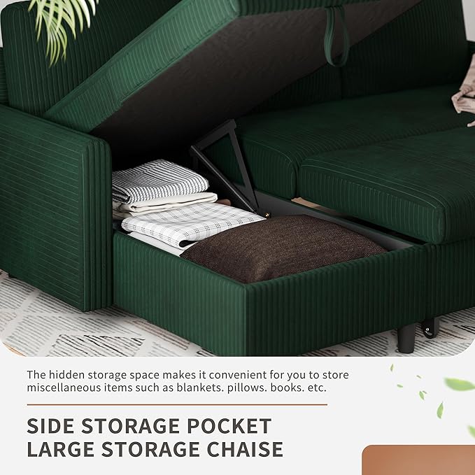 Walsunny Sectional Sofa Couch L Shaped Sleeper Sofa Bed Pull Out Bed with Storage Reversible Sectional Couches for Living Room Apartment Office(Green)