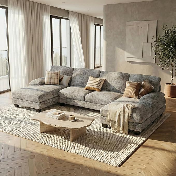 Homall Modular Sectional U Shaped Sofa Couches for Living Room Comfy Chenille 4 Seat Sofa Set with Removable Pillows Lounge Chaise Upholstered Couch for Apartment (Chenille Grey)