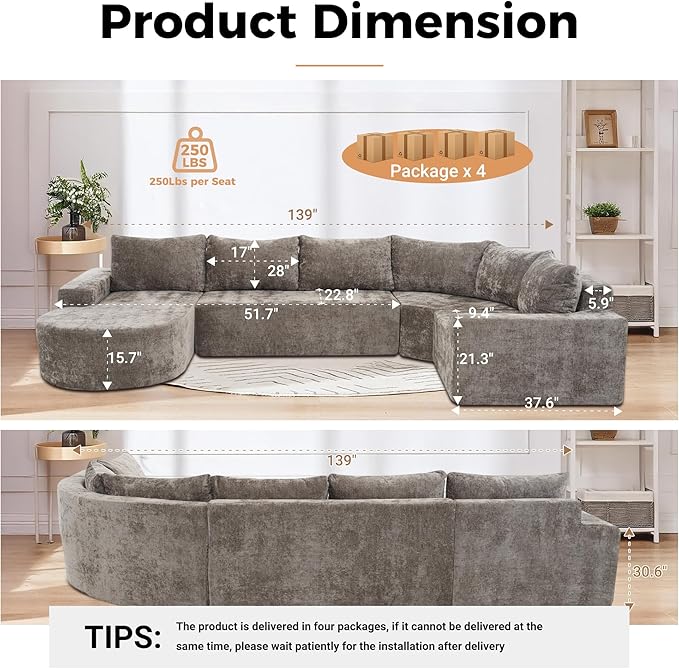 139 Oversized Modular Sectional Sofa U Shaped Couch with Deep Seat Modern Upholstered Couches Comfy 5 Seat Corner Couch for Living Room No Assembly Required (Brown 139)