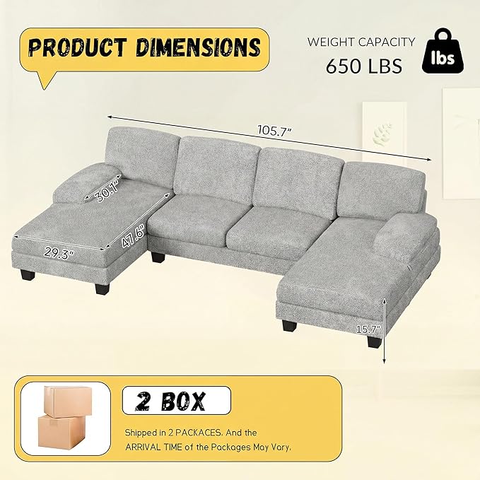 JUMMICO Sectional Couches for Living Room U Shaped Couch with Chenille Fabric 4 Seat Modern Sofa with Removable Pillows for Apartment and Small Space (Loop Yarn Pearl Gray)