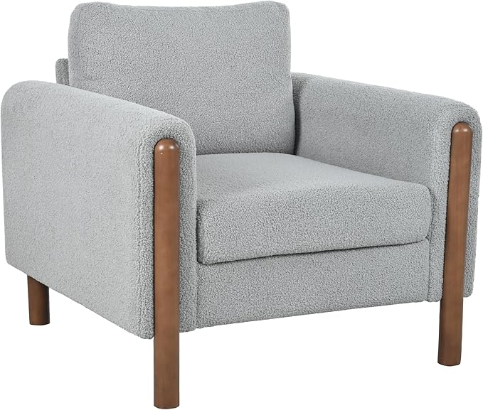 Oversized Accent Chair Upholstered Living Room Chairs Single Sofa Chair with Walnut Legs Curved handrail Grey