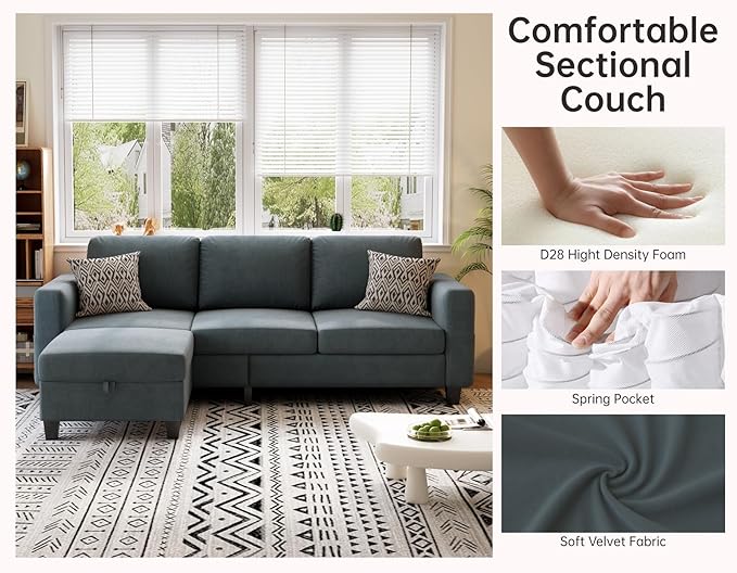 Sectional Sofas Couches for Living Room 3 Seater L Shaped Couch with Storage Ottoman 78 Modern Velvet Fabric Grey Sofa for Apartment Studio Office Small Space
