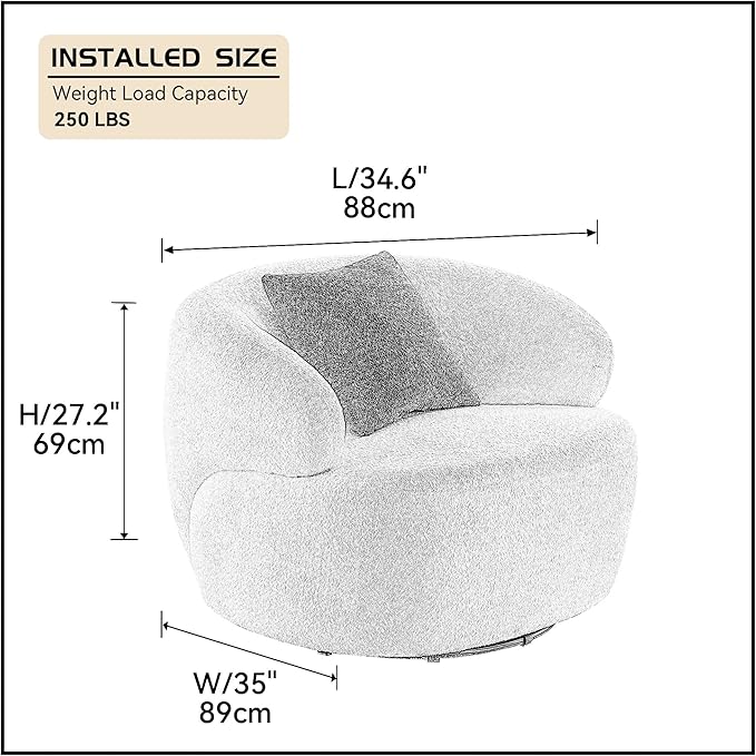 WILLIAMSPACE Swivel Accent Sofa Chair Round Back Boucle Barrel Chair with Pillow Modern Leisure Arm Chair for Hotel Living Room Bedroom Office (Navy Blue)