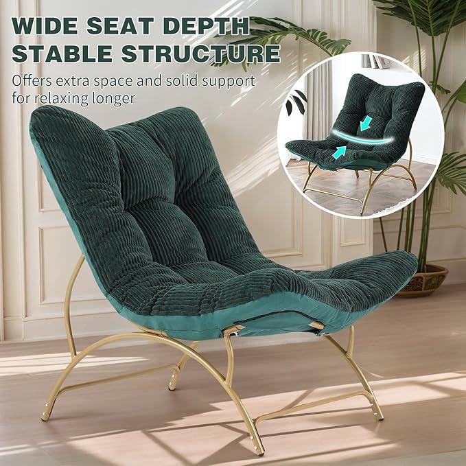 Welnow Accent Lounge Lazy Chair Comfy Soft Leisure Metal Frame Reading Chair Upholstered Thick Cushion Seated Recliner Sofa for Living Room Bedroom Dorm Dark Green
