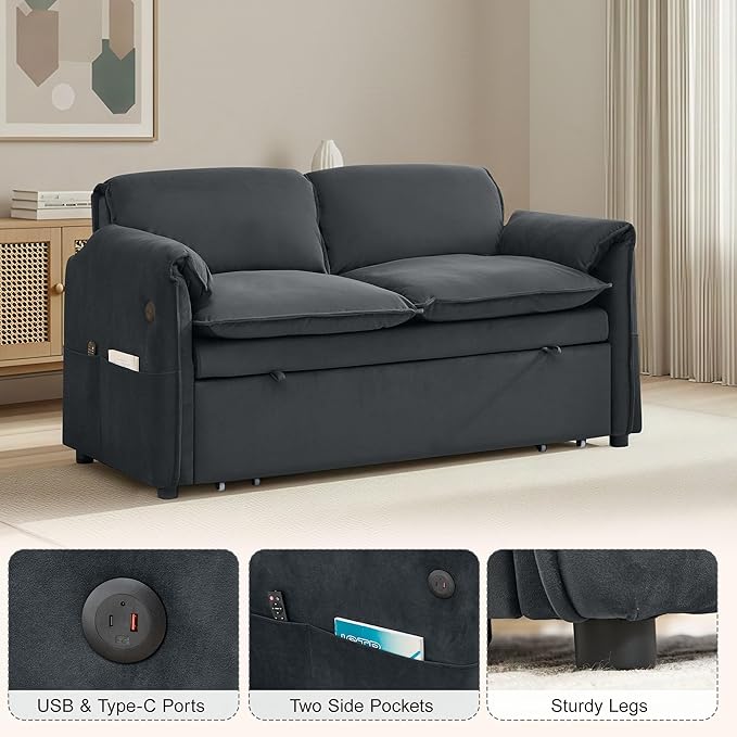 63 Velvet 3 in 1 Convertible Sleeper Sofa Bed Pull Out Couch Bed Loveseat with Adjustable Backrest Chaise Lounge USB Port &amp Side Pocket Modern Sofa for Living Room Small Spaces Dark Gray