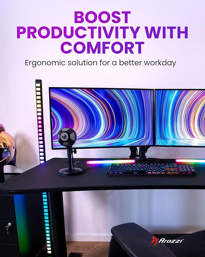Arozzi Arena Small Pure Black Gamer Desk - 45x28” Steel Frame PC Gaming Desk with Storage for Cables &amp Dual-Monitor Support - Full-Surface Washable Mousepad - Pure Black