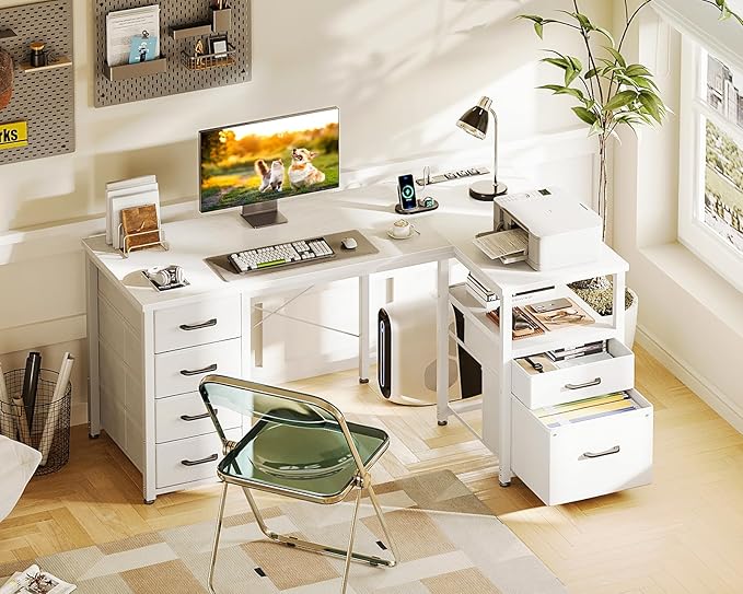 Coleshome L Shaped Computer Desk with 6 Drawers &amp Power Outlet 55 Inch Corner Desk with Reversible Storage Shelf &amp File Drawer Home Office Desk White