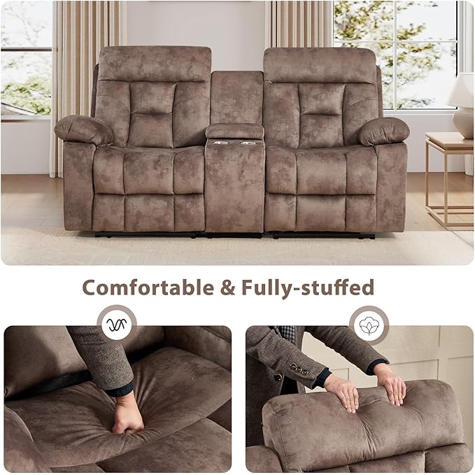 EBELLO Loveseat Recliner Sofa for Living Room Extra Wide Modern Overstuffed 2 Seat Reclining Manual Sofa Chair with Hidden Armrest Cup Holders Breathable Fabric Brown