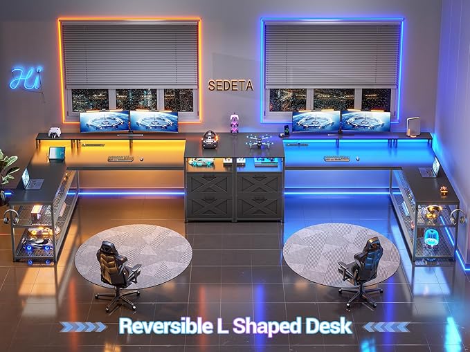 SEDETA 67 L Shaped Desk with Drawers Computer Office Desk with Storage Shelves &amp Power Outlet Reversible Gaming Desks with LED Lights for Home Office Black
