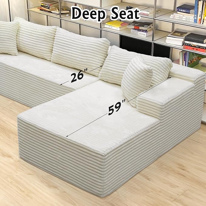 White sectional couches for Living Room Corduroy Couch104 Cloud Sectional Couch with L-Shape Chaise Modern Modular Sofa Deep Seat Comfort No Assembly Required(Plush Corduroy Fabric)