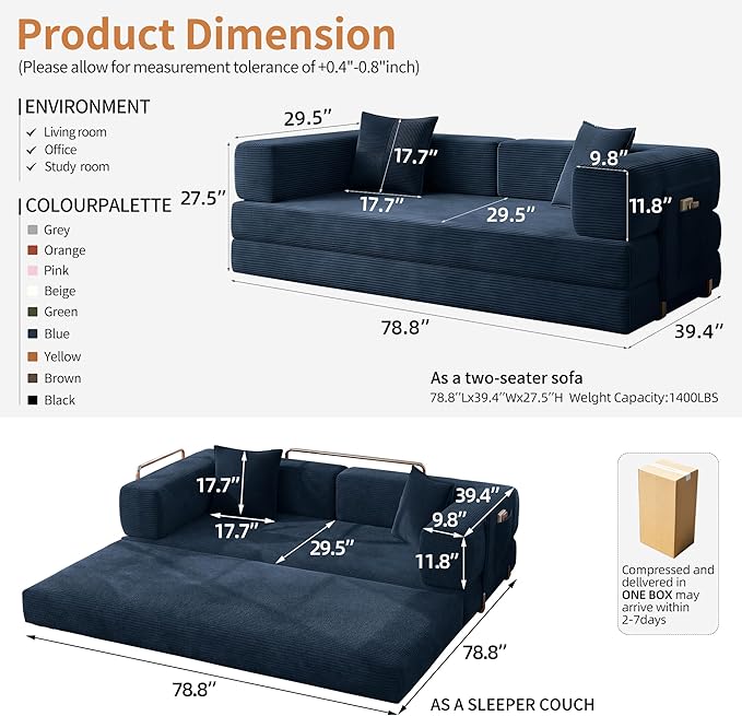 78.8 Convertible Sofa Bed with Armrest Pillow 4-in-1 Sleeper Couch Bed for Livingroom Modular Corduroy Boneless couches No Assembly (Blue)