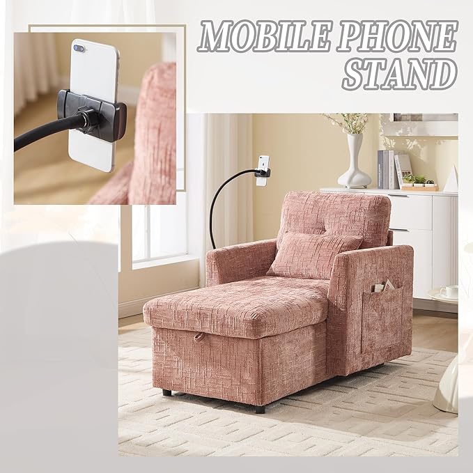 32 Comfy Chaise Lounge Sofa Bed Chair with Storage Side Pockets Phone Holder &amp 2 Pillows Modern Chenille Upholstered Sleeper Sofa Leisure Chair for Living Room Bedroom Small Spaces (Pink)