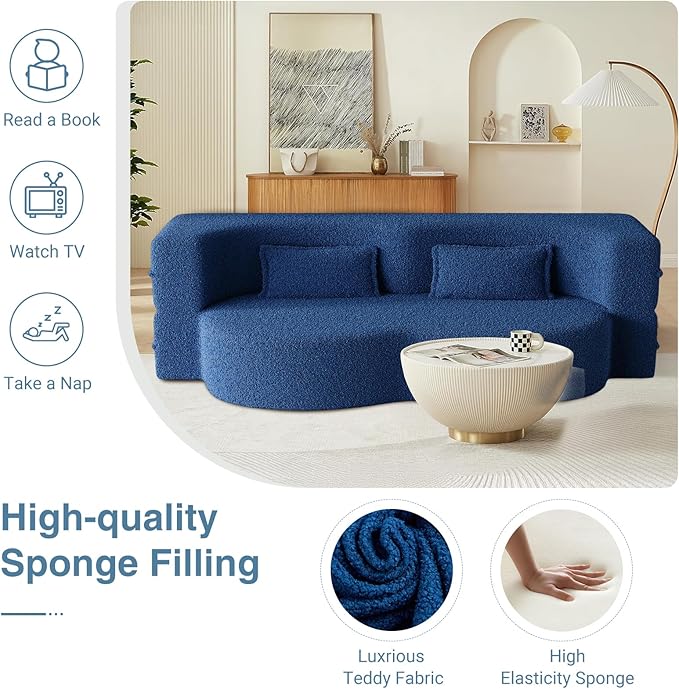 2 in 1 Convertible Folding Sofa BedTeddy Fleece Lazy Lounge SofabedFoam Folding Floor Sofa Bed78 Full Size Memory Foam Couch for Living Room Guestroom No Assembly Required Sofabed(Blue)