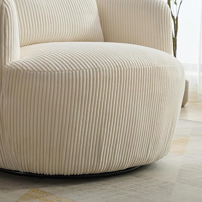 360° Swivel Barrel Soft Chair with Pillow - Upholstered Corduroy on Metal Base for Club/Living Room/Bedroom/Office/Reading Armchair 34.25 Wide Ivory
