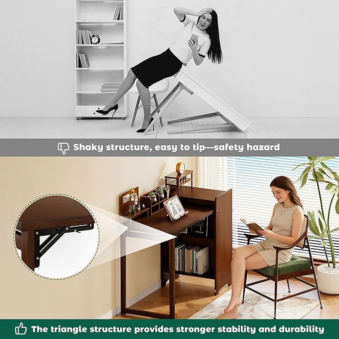 Bamboo Folding Desk for Small SpacesHidden Desk with Storage Shelf Foldable Computer Desk for Bedroom Home Office Mid Century Modern Fold Out Table Writing Table Walnut