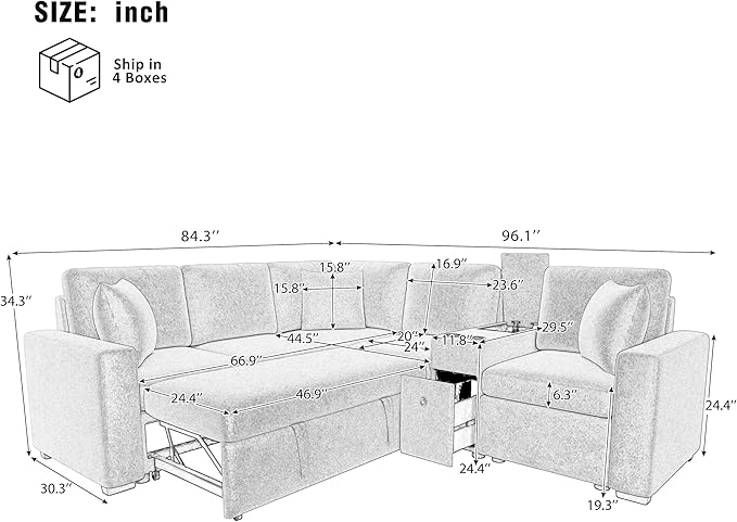 120.5 Chenille Fabric Modular Sectional Sofa Reversible Sleeper with Pull-Out Bed L-Shaped Convertible Sofa Bed with Cup Holders and Ample Storage Space for Living Room (Orange-11.21)