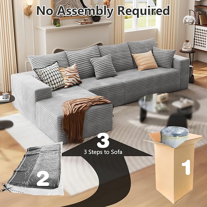 135.4 Cloud Sectional Couch with L-Shape Chaise Modern Modular 4-Seater Sofa with Deep Seat Corduroy Upholstered Couches for Living Room Bedroom No Assembly Required(Grey Left Facing)