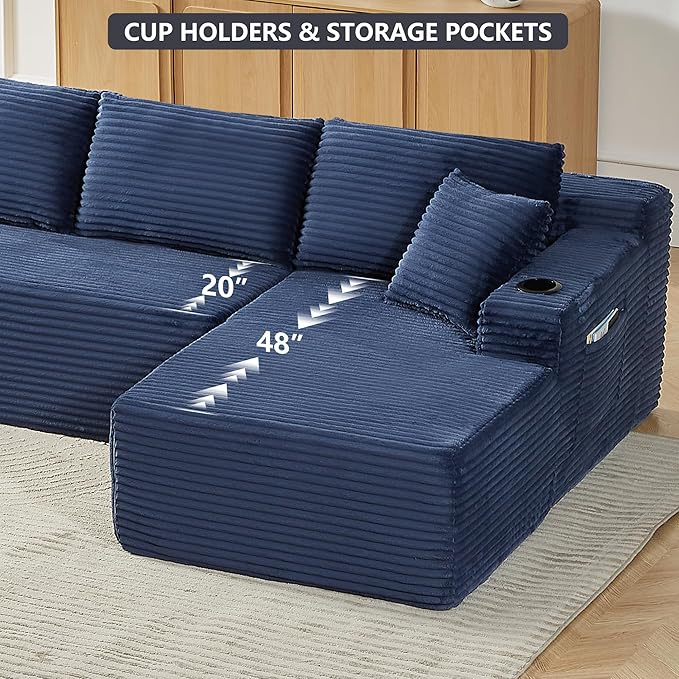 133.5 Modular Sectional Sofa with Movable Chaises Boneless Couches with Cup Holders for Living RoomOversized U Shaped Sectional Couch Modern Cloud Corner Sofa with Storage 6 Seater- Blue