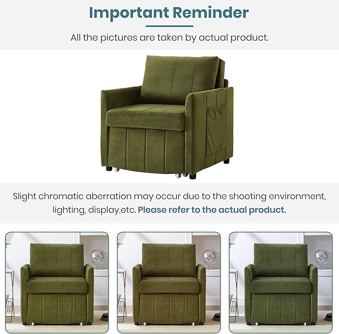Merax Convertible Chair Bed 3-in-1 Pull Out Sleeper Couch with Adjustable Backrest Side Pockets and a Storage Basket Chenille Folding Sofa Bed for Living Room Apartment Green