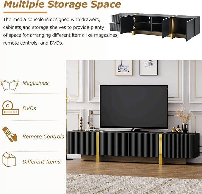 Merax Luxury Fluted TV Stand for Televisions Up to 80'' Modern Entertainment Center with Storage Cabinets &amp Drawers and Golden Wood Grain Legs Smooth Media Console for Living Room Black