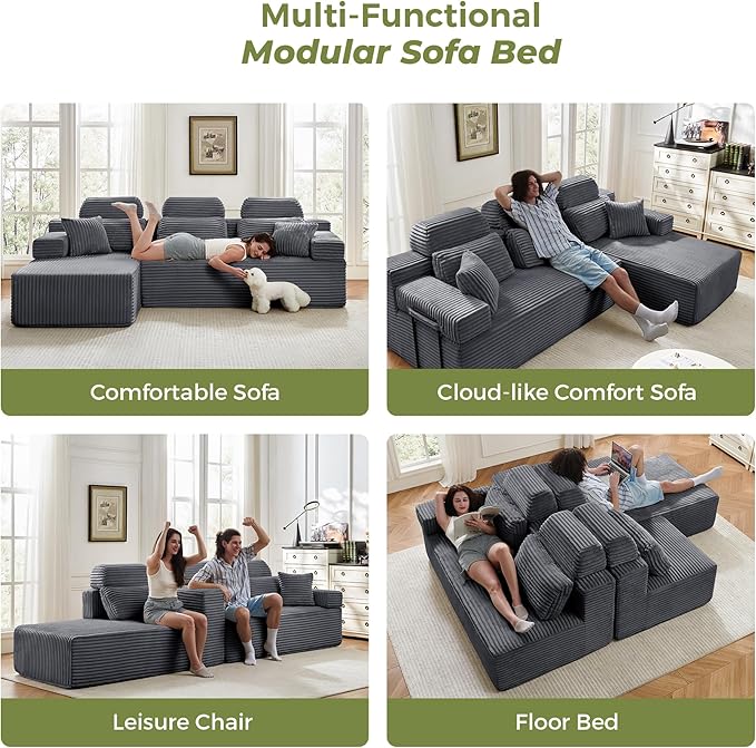 104 L-Shaped Cloud Modular Sectional Sofa with Chaise &amp Headrest Boneless Deep Seat Plush Corduroy Couches for Large Living Room No Assembly Required (Dark Gray 104 L-shapred Chaise)