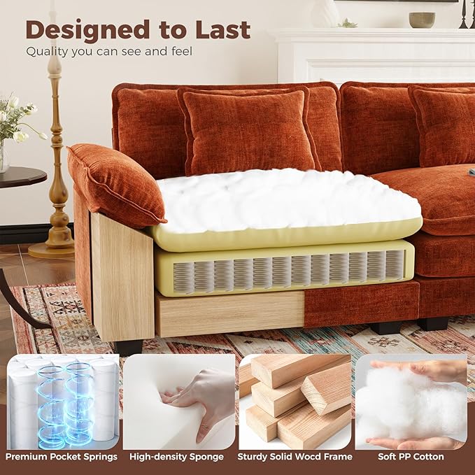 HUSFU 120 Cloud Couch Modular Sectional Sofa with Ottoman 3-Seat Modern Chenille Upholstered U-Shaped Deep Seat Sofa Couch for Living Room Bedroom and Apartment Orange