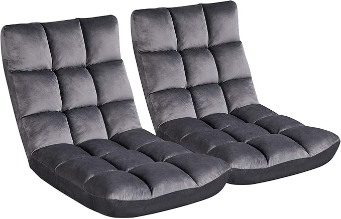 Topeakmart Floor Folding Chair with 14 Adjustable Positions Portable Padded Lounge Chair with Backrest Lazy Sleeper Recliner for Living Room Bedroom Gray Set of 2