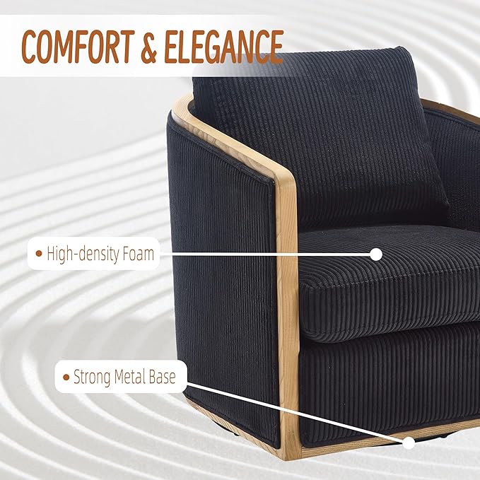 360 Degree Swivel Barrel Club Chair Comfortable Accent Sofa Chair for Living Room Leisure Armchair with Sturdy Hardwood Frame and Metal Base for Nursery Hotel Bedroom Office Lounge (Black)