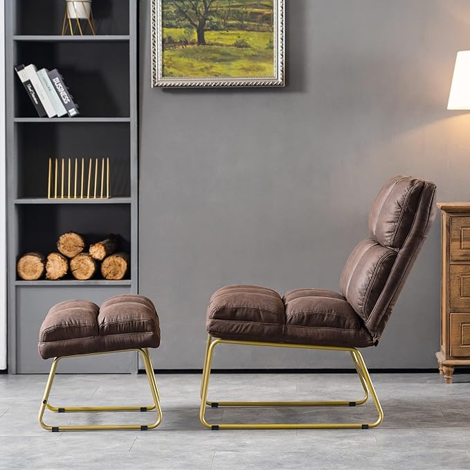 MCombo Accent Chair with Ottoman Set Modern Armless Chair for Living Room Bedroom Small Space 4013 (Heat-Stamped Fabric Dark Brown)