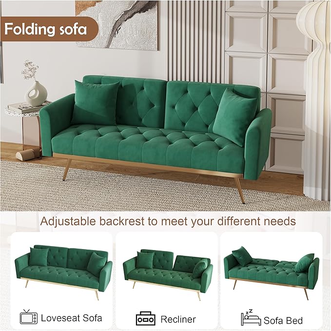 Modern Velvet 2 in 1 Futon Sofa BedConvertible Folding Sleeper Bed Couches with 2 Pillows73 Tufted Recliner Love Seat with Golden Chrome Legs for Living Room Apartment Office (Green-New Velvet)