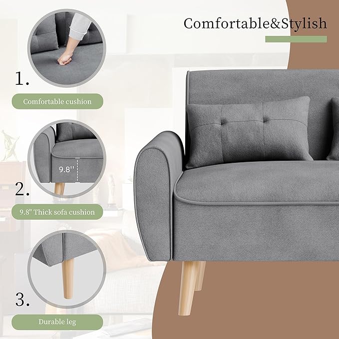 Vongrasig 47 Small Modern Loveseat Sofa Mid Century Linen Fabric 2-Seat Sofa Couch Tufted Love Seat with Back Cushions and Tapered Legs for Living Room Bedroom and Small Space (Light Gray)