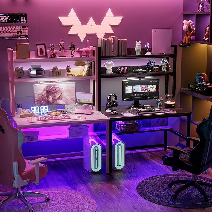 Aquzee Pink Desk with Hutch for Girls 55in Computer Desk with Bookshelf for Teens Adults Craft Table for Bedroom Kids Room White Pink Study Table with Shelves for Storage