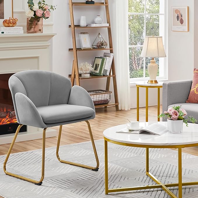 Yaheetech Flower Shape Velvet Vanity Chair Modern Side Chair Armchair with Golden Metal Legs for Living Room/Dressing Room/Bedroom/Home Office/Kitchen Gray