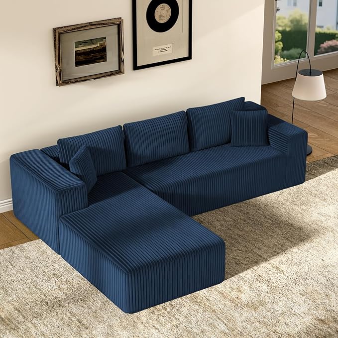 106 Modular Sectional Sofa Blue Corduroy Cloud Couch with Right Chaise Deep Seat Boneless Floor Sofa for Living Room High-Resilience Foam Support No Assembly Required Includes Pillows | Sectiona