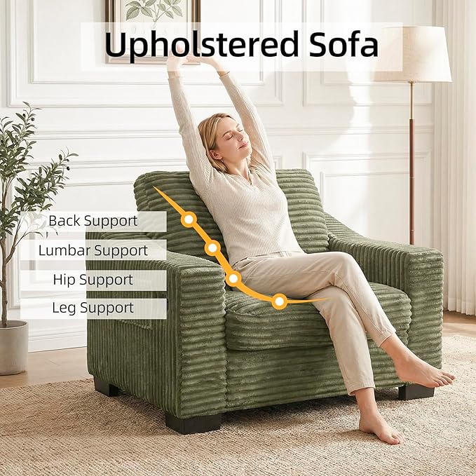 46.1''W Oversized Accent Chair Modern Single Armchair with USB Charger &amp Storage Pocket Comfy Reading Chair Tufted Corduroy Fabric for Living Room Bedroom Apartment Office (Green)