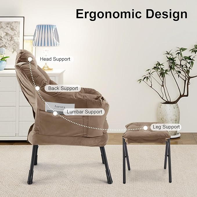 Lazy Chair with OttomanOversized Accent Chair with Thick Cushion Side PocketModern Lounge Arm Reading Chair and Folding Footrest for Living RoomBedroomOfficeDormApartment Brown