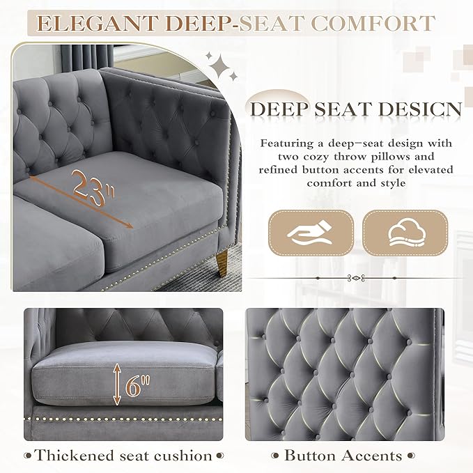 58 Chesterfield Sofa Comfy Velvet Button Tufted Mid Century Modern Couch Cloud Futon Small Loveseat Grey with Gold Legs and Nailhead Deep Seat Sofas for Living Room Office (Dark Grey 2 Seater)