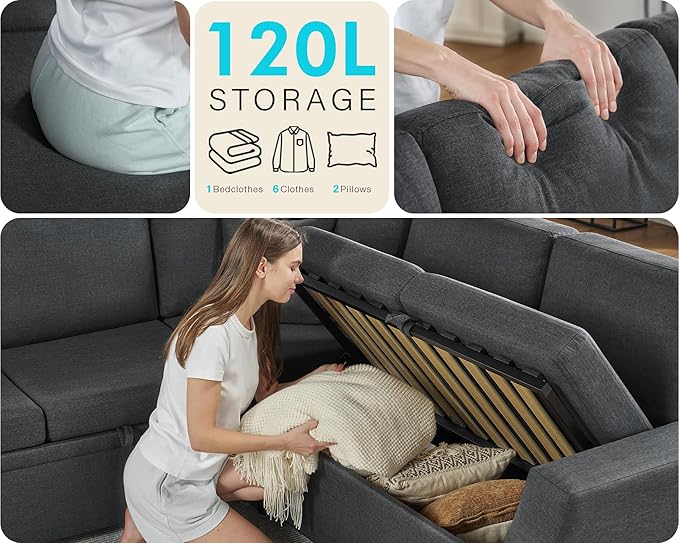 VanAcc Sofa Bed 85 Inch Sleeper Couch with Storage Seat L Shaped Sofa with Pull Out Sofa Bed Sectional Couches for Living Room Apartment Grey Linen Couch Sofa