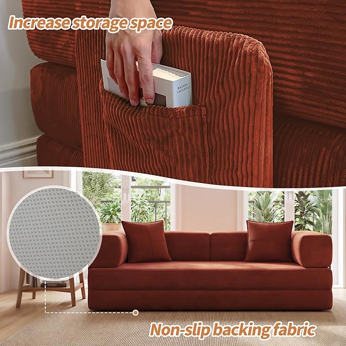 78.8 Convertible Sofa Bed with Armrest Pillow 4-in-1 Sleeper Couch Bed for Livingroom Modular Corduroy Boneless couches No Assembly (Orange)