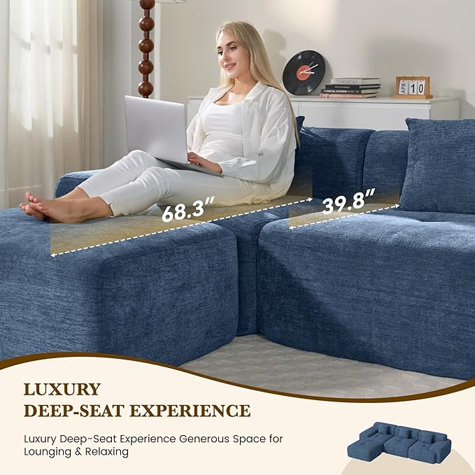 122 L Shaped Convertible Modular Couch Cloud Couch Sectional with Ottoman 4-Seater Chenille Boneless Couches for Living Room Apartment No Assembly Blue 1PCS