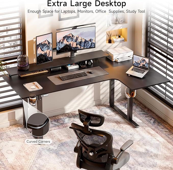 L Shaped Electric Standing Desk 71x43'' Computer Desks with 2 Monitor Shelves Dual Motor and Memory Controller Gaming Corner Desk Adjustable Height from 28-46'' for Home Office Workstation Black