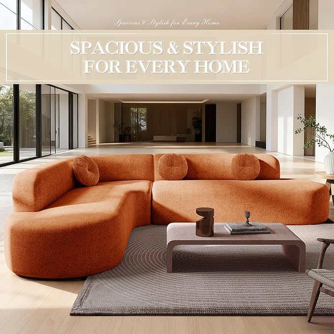 Deep Seat Curved Sectional Sofa - Cloud Round Couch with Elegant Curved Design &amp 3 Round Cushions L-Shaped Comfy 4 Seater Floor Sofa No Assembly Required (Orange)