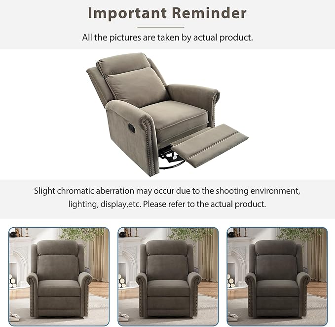 360° Swivel Recliner Chair with Adjustable Backrest Manual Rocking Recliner Home Theater Manual Recliner Chair with Metal Base and Velvet Fabric for Living Room (Light Brown 2)