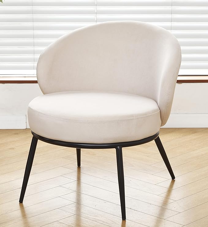 Modern Velvet Accent Chair with Channel Back Design Black Metal Legs and Soft Upholstery Comfortable Seating for Living Room Bedroom or Office Beige