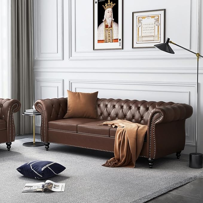 ONCIN Chesterfield Sofa Leather for Living Room 3 Seater Sofa Tufted Couch Faux Leather with Rolled Arms and Nailhead for Living Room Bedroom Office Apartment (Dark Brown)