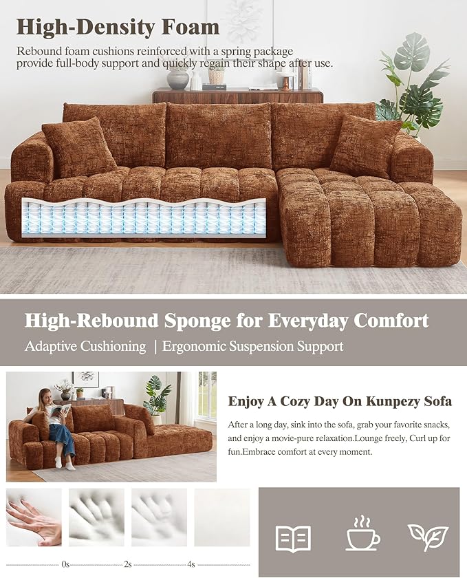 108 Boneless Cloud Modular Sectional Couch for Living Room L Shaped Sofa with Chaise | Chenille Fabric | Compressed Foam Sofa for Living Room | No Assembly (Orange Right Hand Facing)
