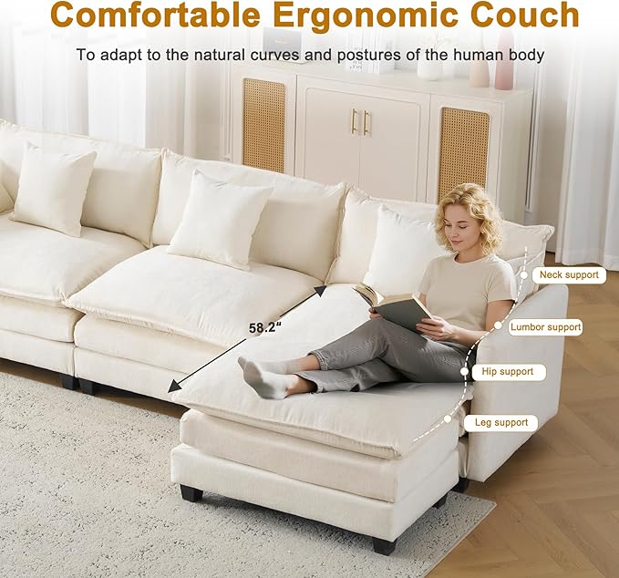 111.4 Modular Sectional Sofa｜Comfy Cloud Couch with Movable Ottoman Deep Seat｜Chenille L Shaped Modular Sofa Sectional Couches for Living Room Bedroom and Apartment｜Beige